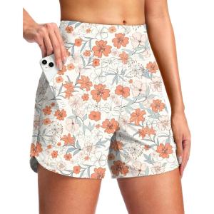 imageG Gradual Womens 5 Swim Board Shorts Quick Dry High Waisted Beach Shorts for Women Swimsuit Bottoms with Liner PocketsOrange Flower