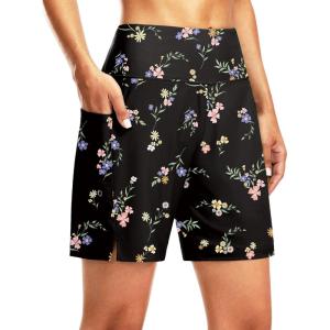 imageG Gradual Womens 7 Long Swim Board Shorts High Waisted Quick Dry Beach Swimming Shorts for Women with Liner PocketsBlack Floral