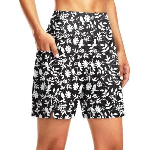 imageG Gradual Womens 7 Long Swim Board Shorts High Waisted Quick Dry Beach Swimming Shorts for Women with Liner PocketsD White Flower