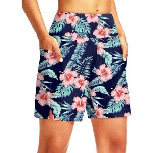 imageG Gradual Womens 7 Long Swim Board Shorts High Waisted Quick Dry Beach Swimming Shorts for Women with Liner PocketsNavy Flower