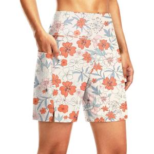 imageG Gradual Womens 7 Long Swim Board Shorts High Waisted Quick Dry Beach Swimming Shorts for Women with Liner PocketsOrange Flower