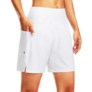 imageG Gradual Womens 7 Long Swim Board Shorts High Waisted Quick Dry Beach Swimming Shorts for Women with Liner PocketsWhite