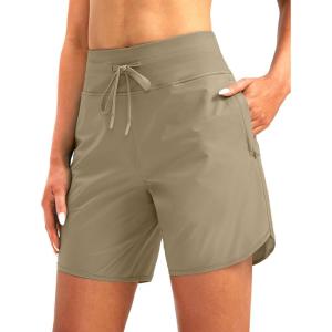 imageG Gradual Womens 7 Quick Dry High Waisted Swim Board Shorts with Zipper Pockets UPF 50 Beach Shorts for Women with LinerKhaki