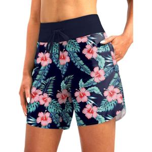 imageG Gradual Womens 7 Quick Dry High Waisted Swim Board Shorts with Zipper Pockets UPF 50 Beach Shorts for Women with LinerNavy Flower