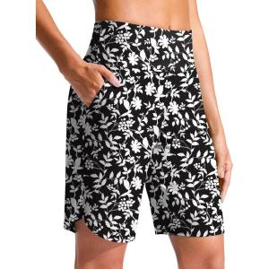 imageG Gradual Womens 9 Long Swim Board Shorts High Waisted Quick Dry Beach Swimming Shorts for Women with Pockets LinerBlack Flower