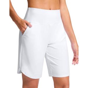 imageG Gradual Womens 9 Long Swim Board Shorts High Waisted Quick Dry Beach Swimming Shorts for Women with Pockets LinerWhite