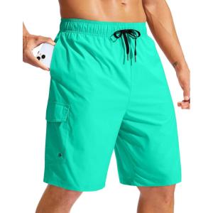 imageMens Swim Trunks No Liner 9 Board Shorts Quick Dry Bathing Suit Swimming Beach Shorts for Men with 3 PocketsCyan