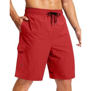 imageMens Swim Trunks No Liner 9 Board Shorts Quick Dry Bathing Suit Swimming Beach Shorts for Men with 3 PocketsRed