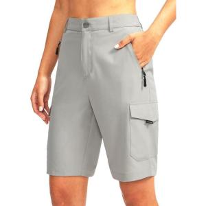 imageWomens 10 Hiking Golf Long Shorts with 5 Pockets Knee Length Lightweight Quick Dry Cargo Bermuda Shorts for WomenBright Grey