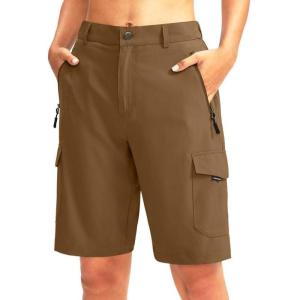imageWomens 10 Hiking Golf Long Shorts with 5 Pockets Knee Length Lightweight Quick Dry Cargo Bermuda Shorts for WomenBrown