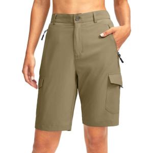 imageWomens 10 Hiking Golf Long Shorts with 5 Pockets Knee Length Lightweight Quick Dry Cargo Bermuda Shorts for WomenDusty Khaki