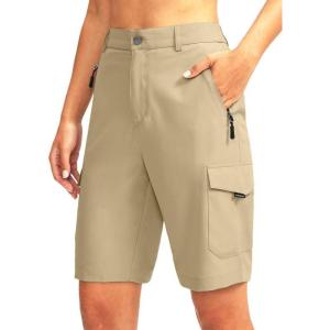 imageWomens 10 Hiking Golf Long Shorts with 5 Pockets Knee Length Lightweight Quick Dry Cargo Bermuda Shorts for WomenLight Khaki