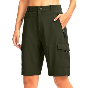 imageWomens 10 Hiking Golf Long Shorts with 5 Pockets Knee Length Lightweight Quick Dry Cargo Bermuda Shorts for WomenOlive