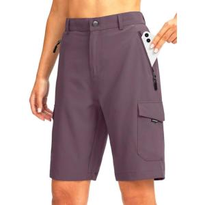 imageWomens 10 Hiking Golf Long Shorts with 5 Pockets Knee Length Lightweight Quick Dry Cargo Bermuda Shorts for WomenPurple
