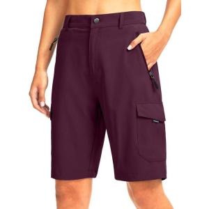 imageWomens 10 Hiking Golf Long Shorts with 5 Pockets Knee Length Lightweight Quick Dry Cargo Bermuda Shorts for WomenWine