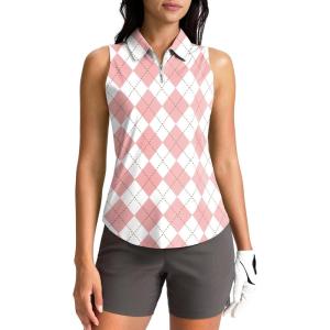 imageG Gradual Womens Golf Shirt Sleeveless Zip Up Polo Shirts for Women Collared Lightweight Tennis Athletic Tank TopPink Argyle