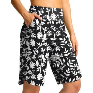imageG Gradual Womens High Waisted Swim Board Shorts 11 Knee Length Beach Swimming Long Shorts for Women with Pockets LinerWhite Flower