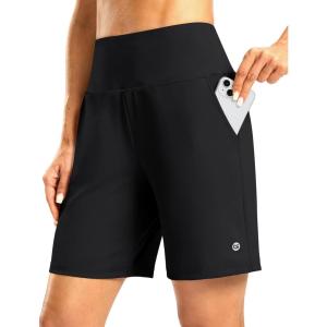 imageWomens Athletic Shorts with Zipper Pocket 7 High Waisted Stretchy Bermuda Shorts for Women Workout Running CasualBlack