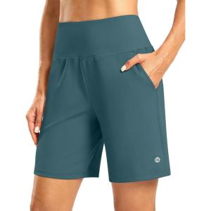 imageWomens Athletic Shorts with Zipper Pocket 7 High Waisted Stretchy Bermuda Shorts for Women Workout Running CasualBorealis Green