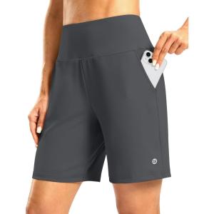 imageWomens Athletic Shorts with Zipper Pocket 7 High Waisted Stretchy Bermuda Shorts for Women Workout Running CasualDark Grey