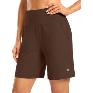 imageWomens Athletic Shorts with Zipper Pocket 7 High Waisted Stretchy Bermuda Shorts for Women Workout Running CasualEspresso