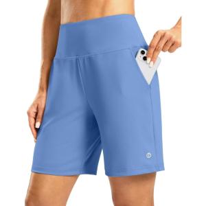 imageWomens Athletic Shorts with Zipper Pocket 7 High Waisted Stretchy Bermuda Shorts for Women Workout Running CasualHaze Blue