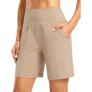 imageWomens Athletic Shorts with Zipper Pocket 7 High Waisted Stretchy Bermuda Shorts for Women Workout Running CasualKhaki
