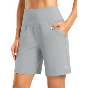 imageWomens Athletic Shorts with Zipper Pocket 7 High Waisted Stretchy Bermuda Shorts for Women Workout Running CasualLight Grey