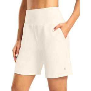 imageWomens Athletic Shorts with Zipper Pocket 7 High Waisted Stretchy Bermuda Shorts for Women Workout Running CasualMilky White