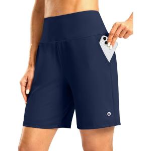 imageWomens Athletic Shorts with Zipper Pocket 7 High Waisted Stretchy Bermuda Shorts for Women Workout Running CasualNavy