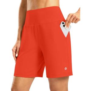 imageWomens Athletic Shorts with Zipper Pocket 7 High Waisted Stretchy Bermuda Shorts for Women Workout Running CasualOrange Red