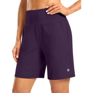 imageWomens Athletic Shorts with Zipper Pocket 7 High Waisted Stretchy Bermuda Shorts for Women Workout Running CasualPurple