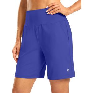 imageWomens Athletic Shorts with Zipper Pocket 7 High Waisted Stretchy Bermuda Shorts for Women Workout Running CasualRoyal Blue