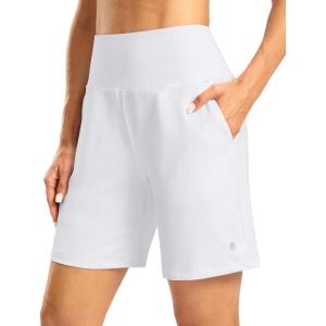 imageWomens Athletic Shorts with Zipper Pocket 7 High Waisted Stretchy Bermuda Shorts for Women Workout Running CasualWhite