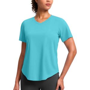 imageWomens Workout Tops VNeck Short Sleeve UPF 50 Sun Shirt Moisture Wicking Quick Dry Top for Gym Running AthleticCyan