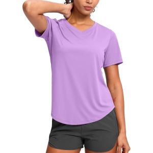 imageWomens Workout Tops VNeck Short Sleeve UPF 50 Sun Shirt Moisture Wicking Quick Dry Top for Gym Running AthleticLight Purple