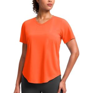 imageWomens Workout Tops VNeck Short Sleeve UPF 50 Sun Shirt Moisture Wicking Quick Dry Top for Gym Running AthleticOrange
