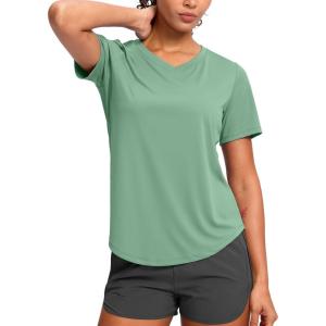 imageWomens Workout Tops VNeck Short Sleeve UPF 50 Sun Shirt Moisture Wicking Quick Dry Top for Gym Running AthleticSage Green
