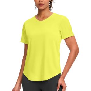 imageWomens Workout Tops VNeck Short Sleeve UPF 50 Sun Shirt Moisture Wicking Quick Dry Top for Gym Running AthleticYellow