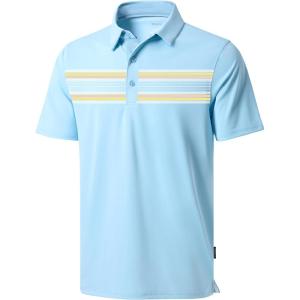 imageMens Golf Shirts Dry Fit Moisture Wicking Performance Short Sleeve Collared Polo Shirts for Casual Athletic BusinessLight Blue Stripes