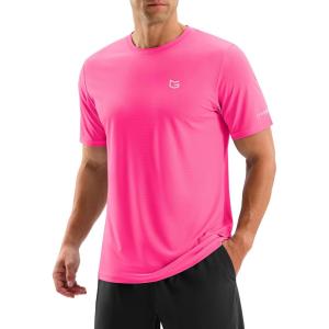 imageMens Workout Breathable Grid TShirts Dry Fit UPF 50 Sun Shirts Lightweight Cooling Tee for Athletic Running HikingFluorescent Rosy