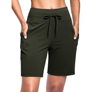 imageWomens 7 Athletic Hiking Long Shorts with Side Pockets High Waisted Stretchy Bermuda Shorts for Women Workout CasualArmy Green