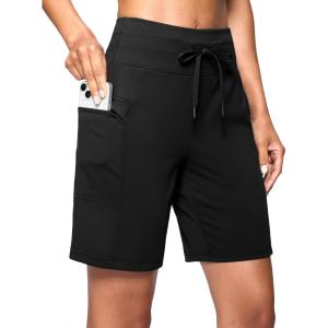 imageWomens 7 Athletic Hiking Long Shorts with Side Pockets High Waisted Stretchy Bermuda Shorts for Women Workout CasualBlack