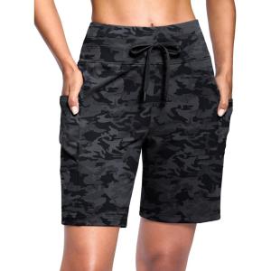 imageWomens 7 Athletic Hiking Long Shorts with Side Pockets High Waisted Stretchy Bermuda Shorts for Women Workout CasualBlack Camo