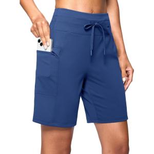 imageWomens 7 Athletic Hiking Long Shorts with Side Pockets High Waisted Stretchy Bermuda Shorts for Women Workout CasualBlue