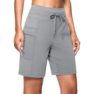 imageWomens 7 Athletic Hiking Long Shorts with Side Pockets High Waisted Stretchy Bermuda Shorts for Women Workout CasualBright Grey