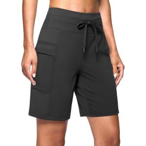 imageWomens 7 Athletic Hiking Long Shorts with Side Pockets High Waisted Stretchy Bermuda Shorts for Women Workout CasualDark Grey