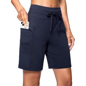 imageWomens 7 Athletic Hiking Long Shorts with Side Pockets High Waisted Stretchy Bermuda Shorts for Women Workout CasualNavy