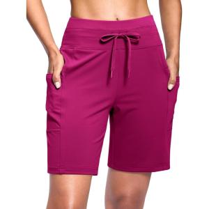 imageWomens 7 Athletic Hiking Long Shorts with Side Pockets High Waisted Stretchy Bermuda Shorts for Women Workout CasualRose