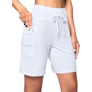 imageWomens 7 Athletic Hiking Long Shorts with Side Pockets High Waisted Stretchy Bermuda Shorts for Women Workout CasualWhite